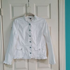 Christopher & Banks White Ruffled Blazer Bling Buttons Medium
